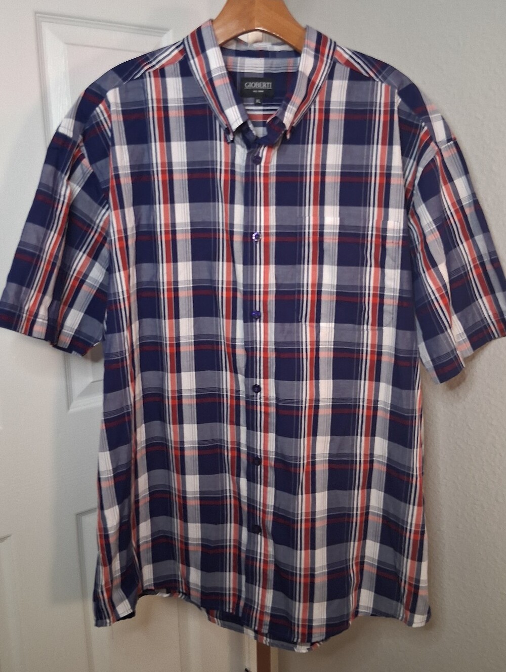 Gioberti Plaid Short Sleeve Button Down Shirt Navy Blue And Red Plaid XL